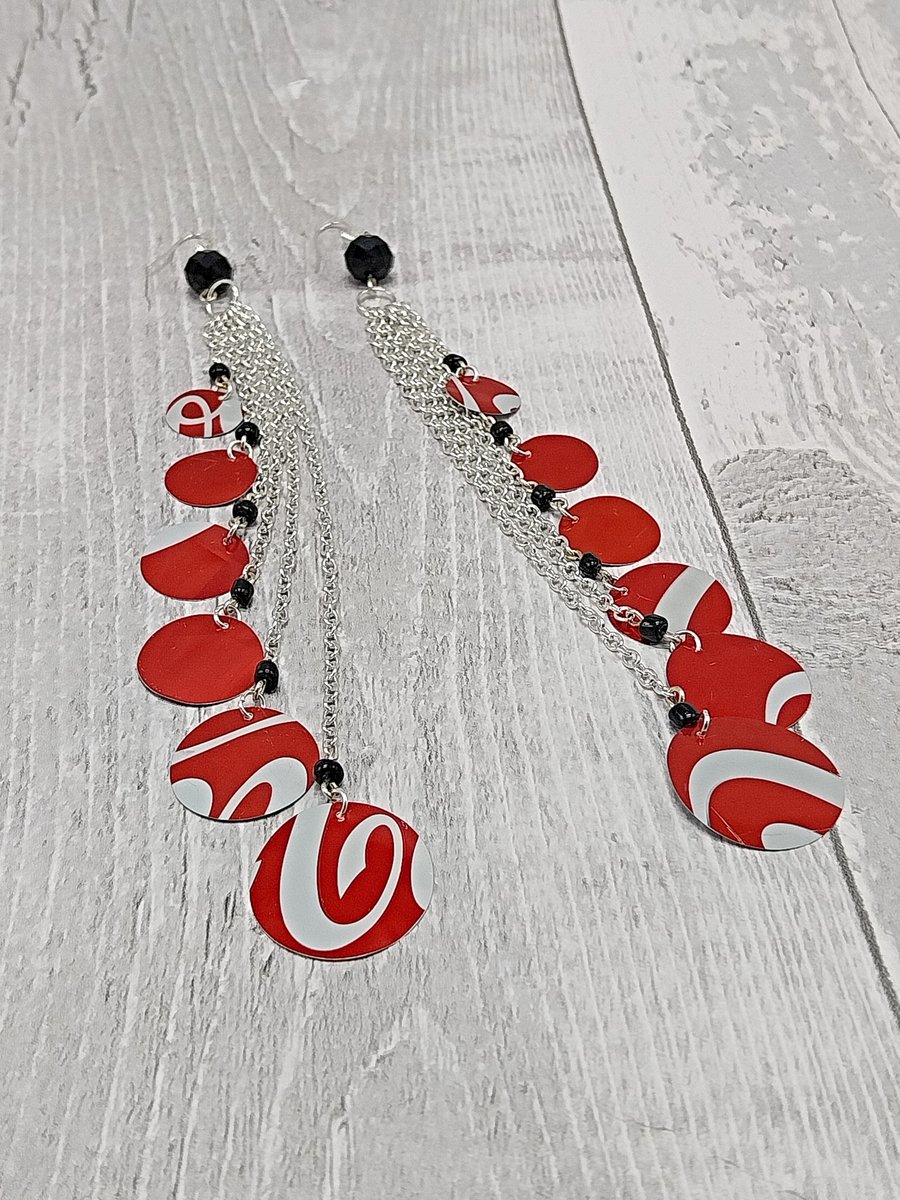 Recycled Aluminium Hexagon Dangle Earrings – Red White Coca-Cola Drink Can Meta