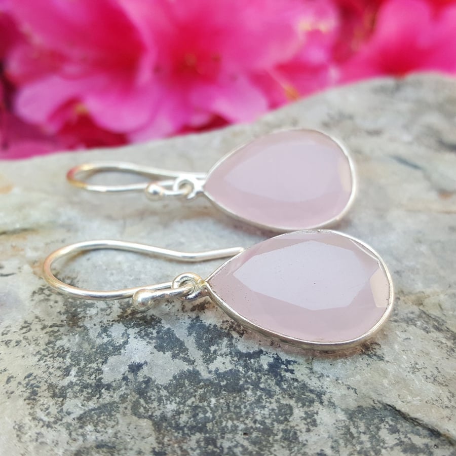 Pink Chalcedony Drop Silver Earrings. Dangle Teardrops October Birthstone