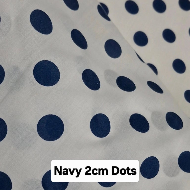 1 Metre Navy Blue 2cm Polka Dots Lightweight Poycotton Fabric 1.12m Wide