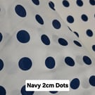 1 Metre Navy Blue 2cm Polka Dots Lightweight Poycotton Fabric 1.12m Wide