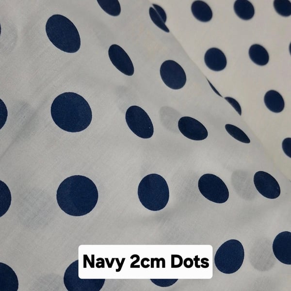 1 Metre Navy Blue Polka Dots Lightweight Poycotton Fabric 1.12m Wide