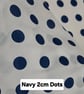 1 Metre Navy Blue Polka Dots Lightweight Poycotton Fabric 1.12m Wide