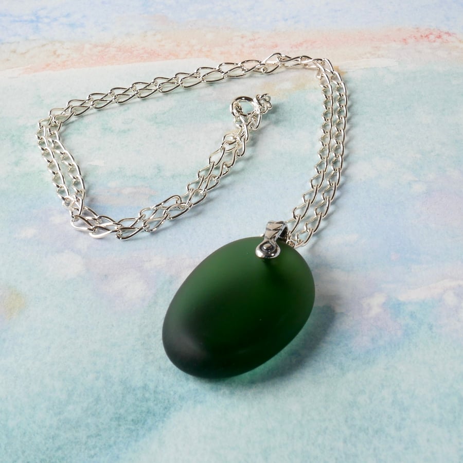 Oval Green Seaglass Nugget with a Chunky Sterling Silver Chain and Bail