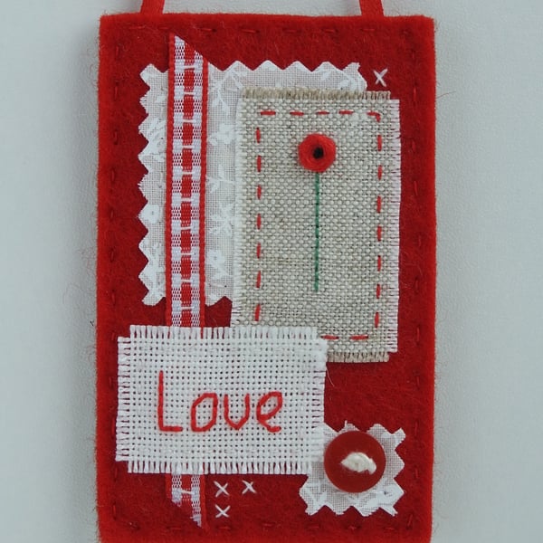 Felt Hanging Decoration. Love - Hand Stitched And Embroidered Hanging Decoration