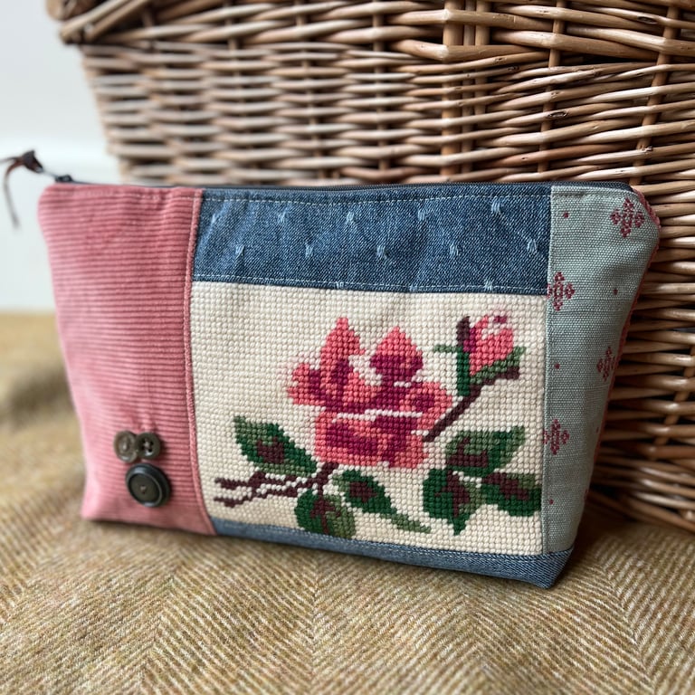 Vintage Rose Tapestry and denim patchwork large zip pouch