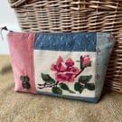 Vintage Rose Tapestry and denim patchwork large zip pouch
