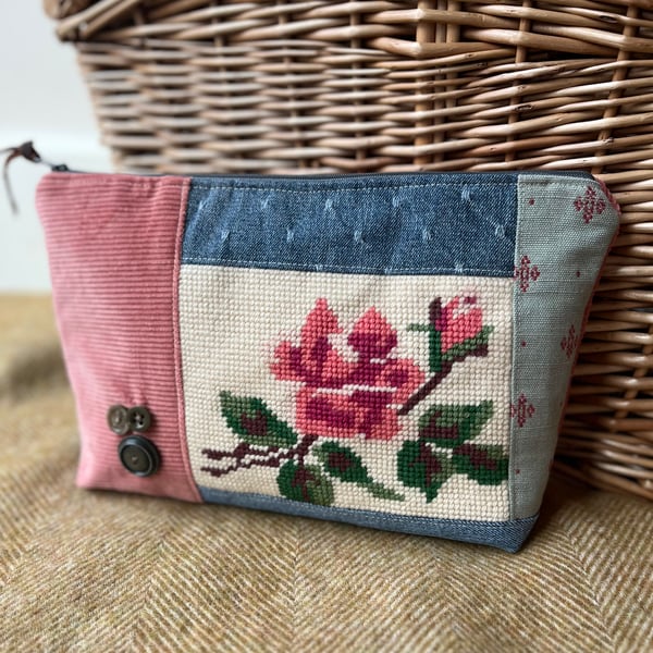 Vintage Rose Tapestry and denim patchwork large zip pouch