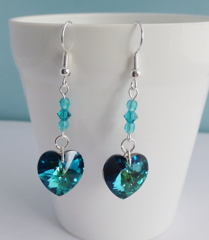 Ocean Blue Crystal Heart Earrings