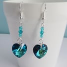 Ocean Blue Crystal Heart Earrings
