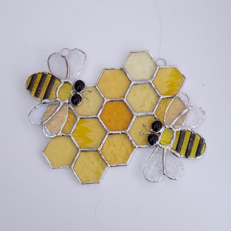 Bees on Honeycomb Stained Glass Suncatcher - Handmade Hanging Decoration