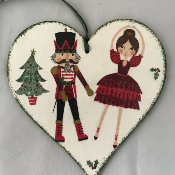Decorated Christmas Small Wooden Heart Decoration Nutcracker Ballerina Mouse 