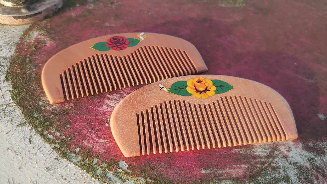 Wooden Comb with hand painted Rose 