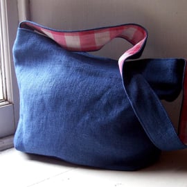 Beautiful blue linen and pink gingham shoulder bag
