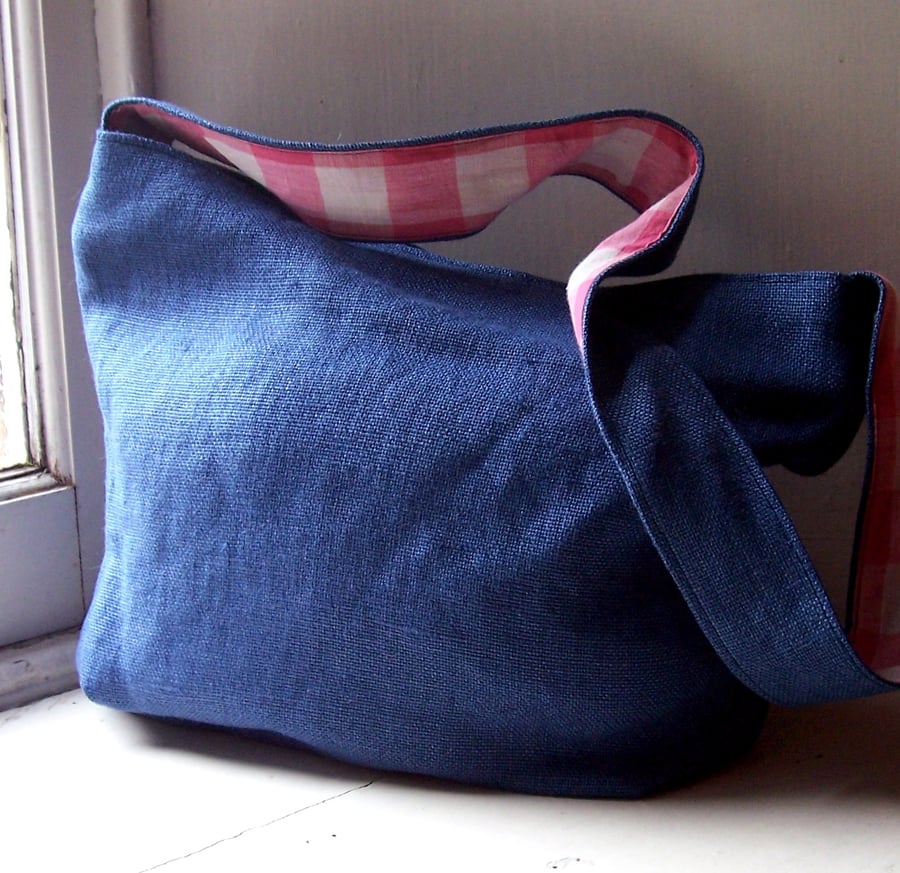 Beautiful blue linen and pink gingham shoulder bag
