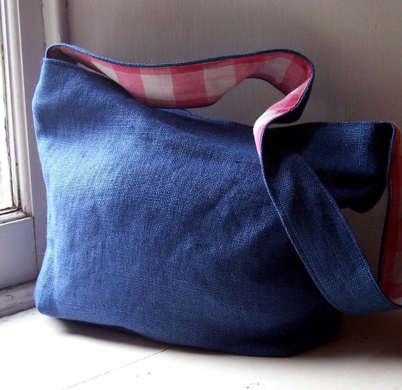 Beautiful blue linen and pink gingham shoulder bag