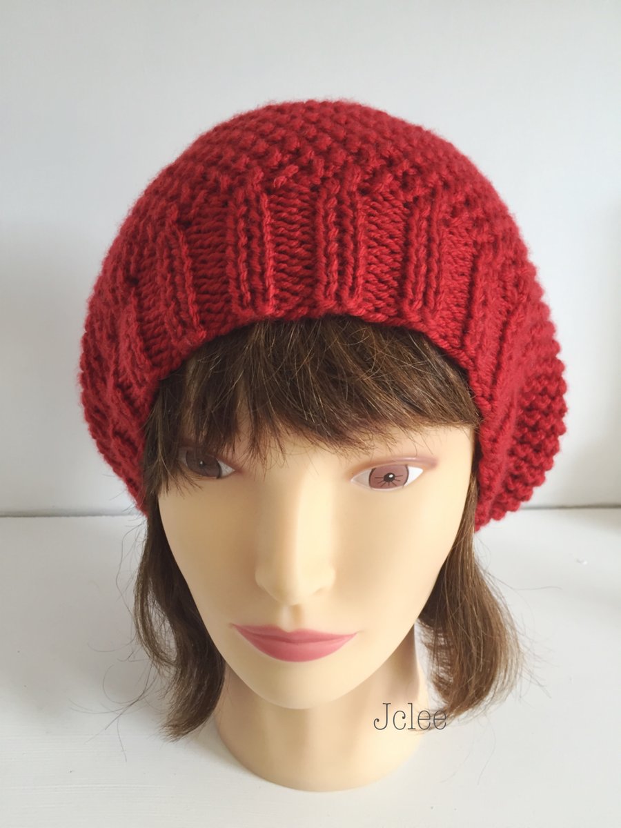 Womens knit Beret, Cherry Red Hat, Vegan Friendly Hat, Womens Fancy Hats