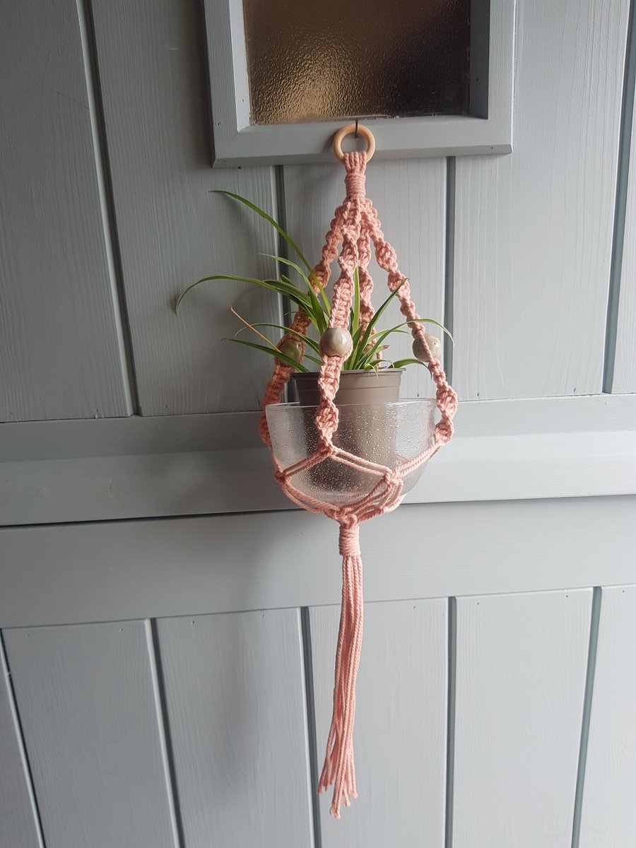 Macramé Plant Holder Hanging Basket With Handmade Ceramic Beads