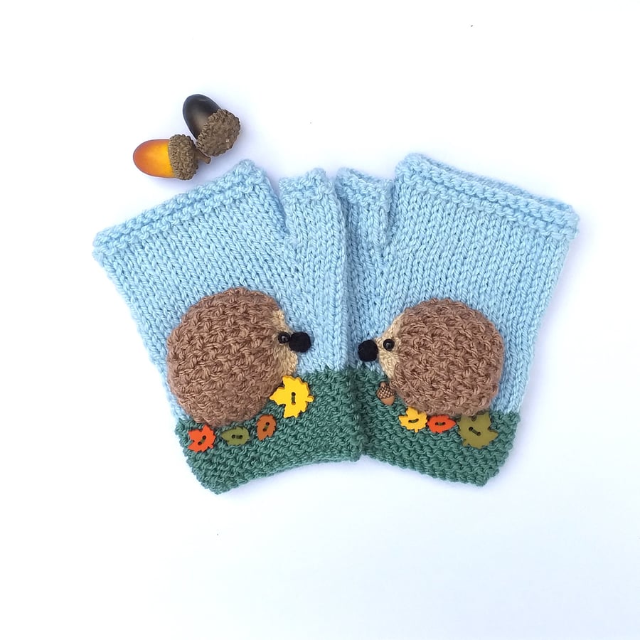 Hand knitted hedgehog mittens - Blue & Sage