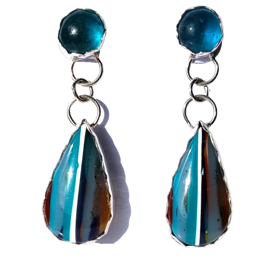 Surfite & Blue Seaglass Earrings Fine & Sterling Silver Upcycled Jewellery Gift