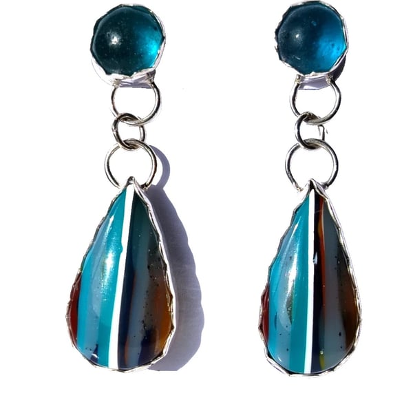Surfite & Blue Seaglass Earrings Fine & Sterling Silver Upcycled Jewellery Gift