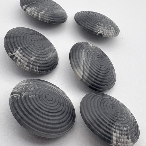 6 Chunky Buttons, Grey 34mm, Cone Shaped, Tight Circles Design, Woodgrain
