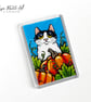 Black & White Cat with Pumpkins – Slight Seconds Fridge Magnet (70x45mm) - Image 1
