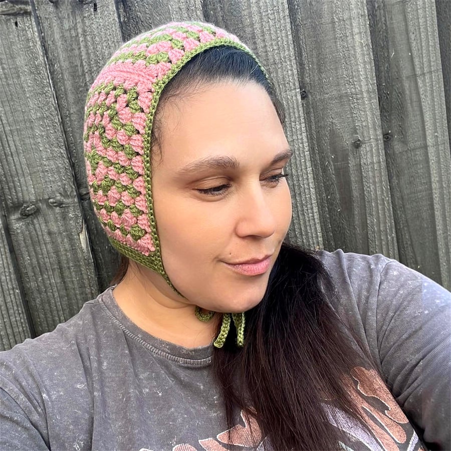 Granny Square Bonnet – Pink and Green Crochet Festival Hat with Ties