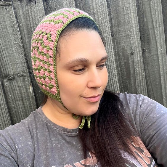 Granny Square Bonnet – Pink and Green Crochet Festival Hat with Ties