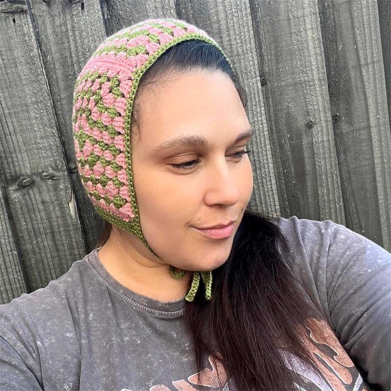 Granny Square Bonnet – Pink and Green Crochet Festival Hat with Ties