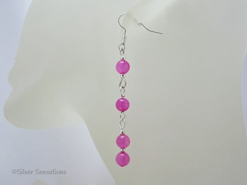 Pink Jade & Silver Long Drop Fashion Earrings