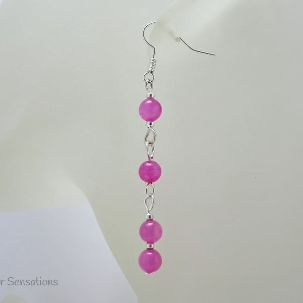 Pink Jade & Silver Long Drop Fashion Earrings