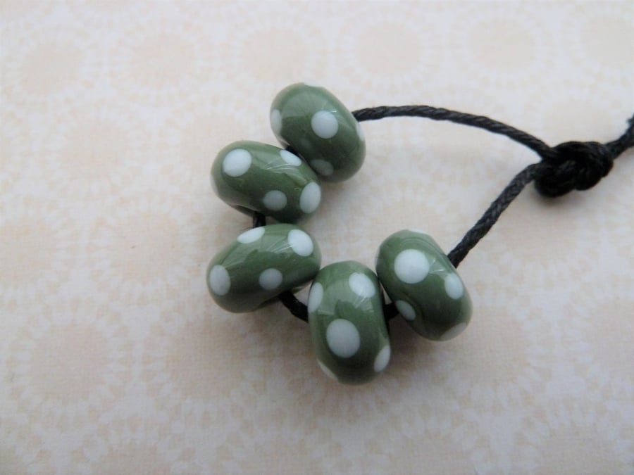 handmade green and white spot lampwork glass beads