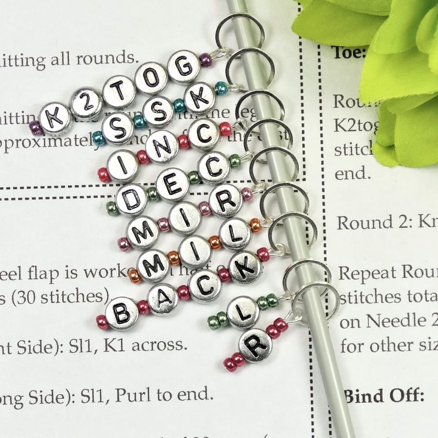 Instruction Stitch Marker Set: Knitting Abbreviation Stitch Markers - Metallics 