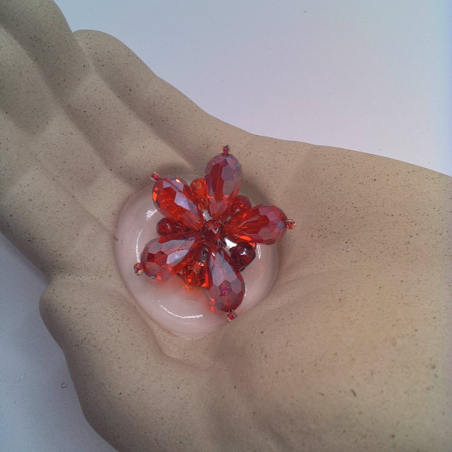 Red Crystal Floral Brooch, Red Flower Brooch, Gift for Her, Crystal Brooch
