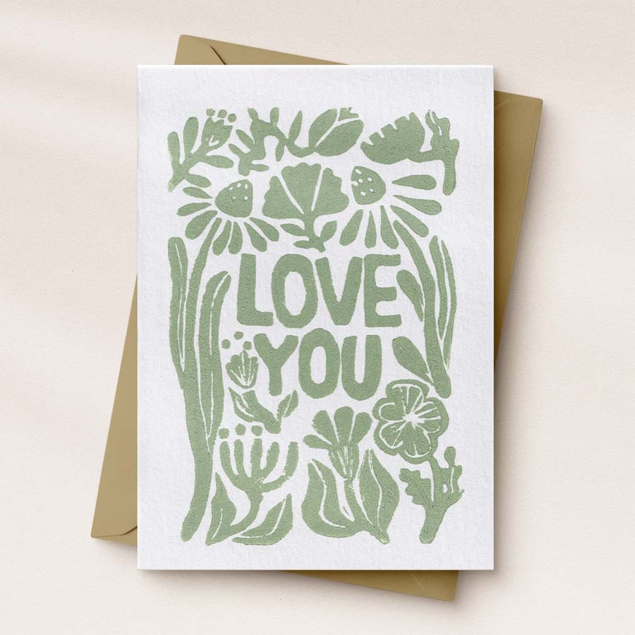 Love you Floral Greetings Card - Handcrafted Linocut - A6