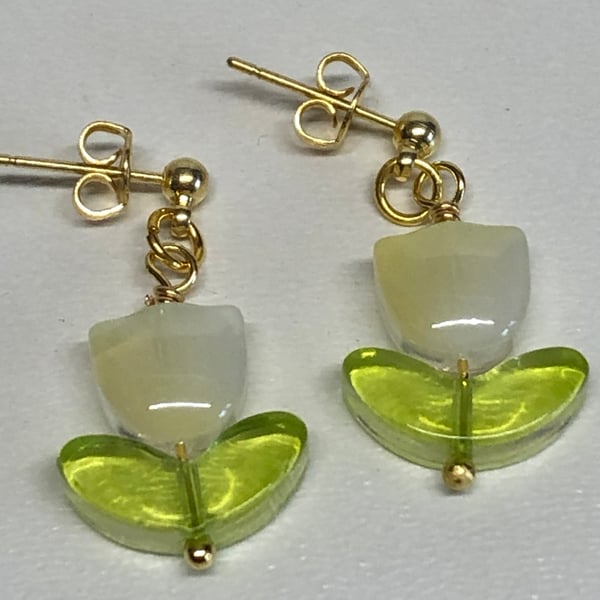 Lemon and Green Coloured Glass Tulip Stud Earrings 
