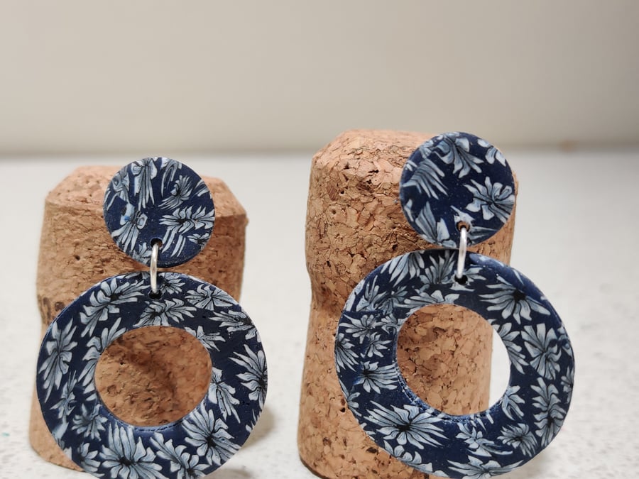 Floral navy polymer clay hoop earrings