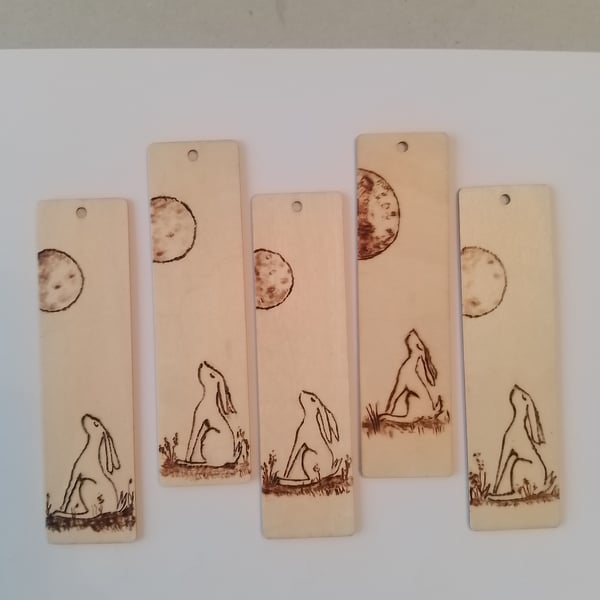 Moon gazing Hare Bookmark. Pyrography Handmade