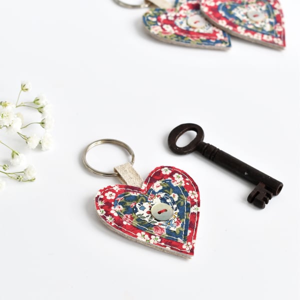 Fabric heart key ring, sewn heart keyring, heart keychain, Valentines gift