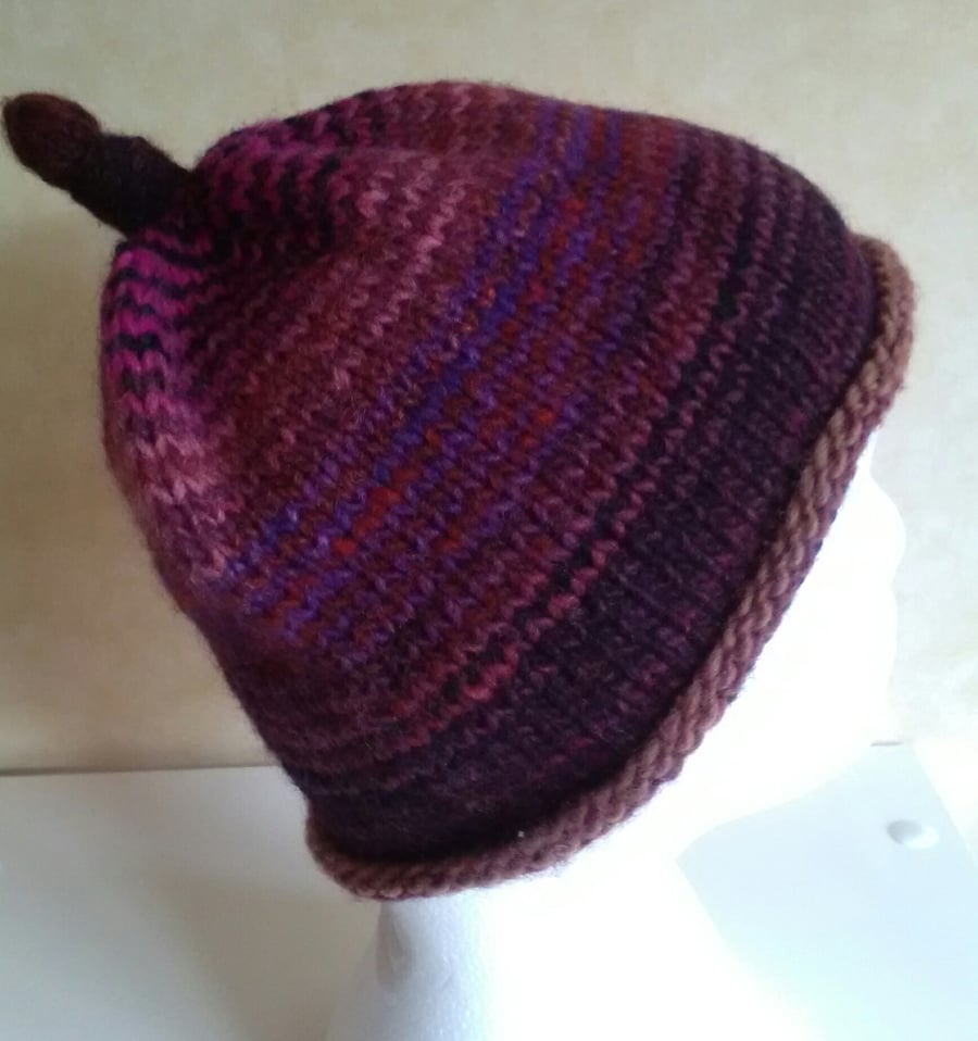 Handknit Knotty Top Roll Up NORO Beanie Hat 100% wool Stripey Browns & Pinks
