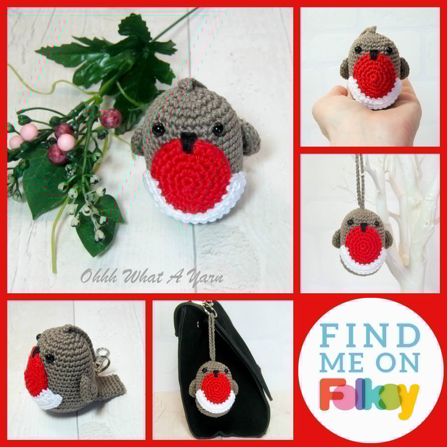 Robin crochet hanging decoration, bag charm. Robin gift. Crocheted robin.