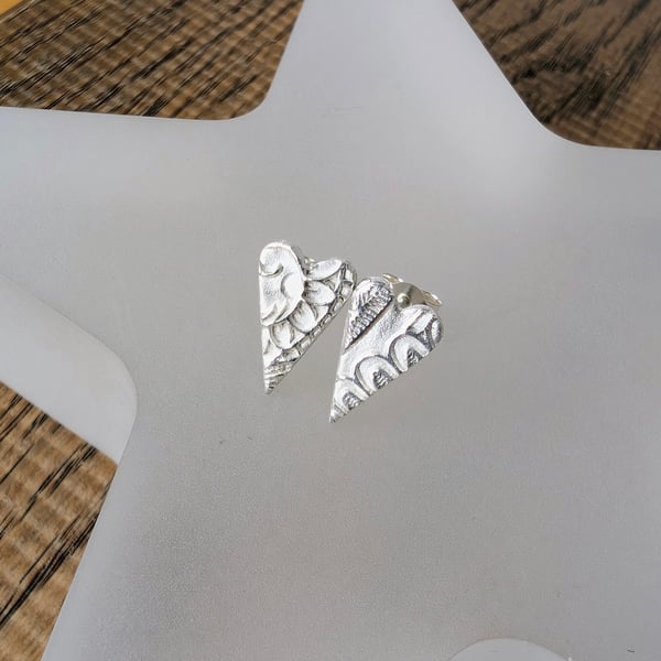 Fine Silver Textured Little Heart Stud Earrings