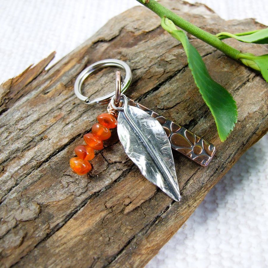 Keyring, Sterling Silver Leaf with Copper Bar and Carnelian Gemstone