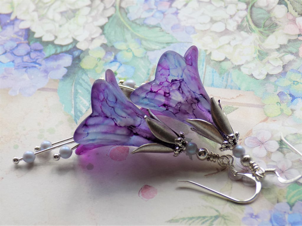 Blue Purple Plum "Wisteria", Unique Hand Painted Lucite Flower Earrings