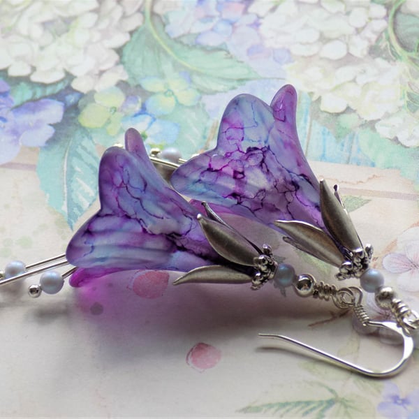 Blue Purple Plum "Wisteria", Unique Hand Painted Lucite Flower Earrings