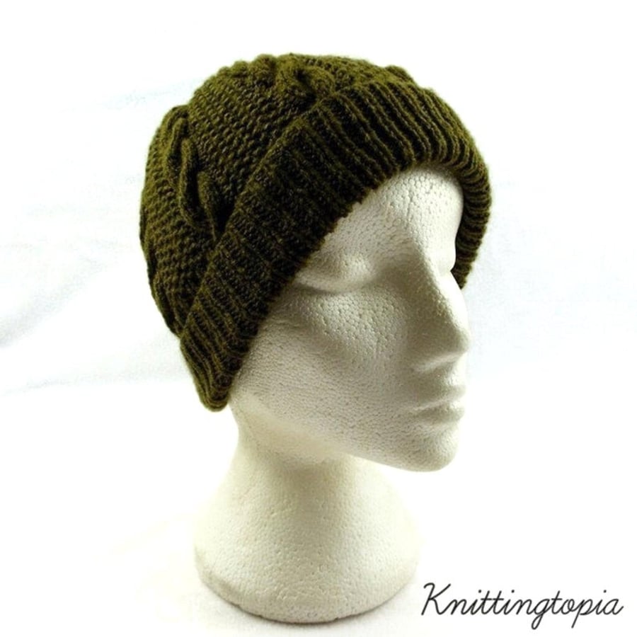 Hand knitted mens cable knit beanie hat in olive green - gents beanie hat 