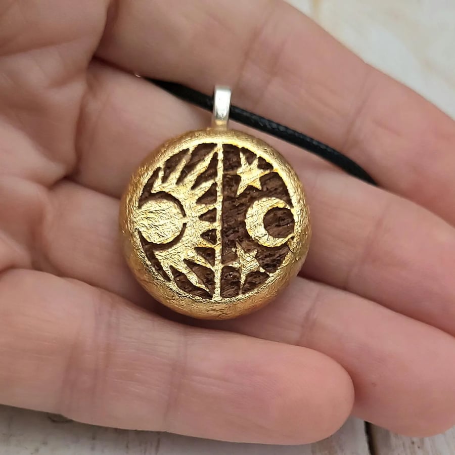 Su and Moon Necklace, Wood and Gold Jewellery