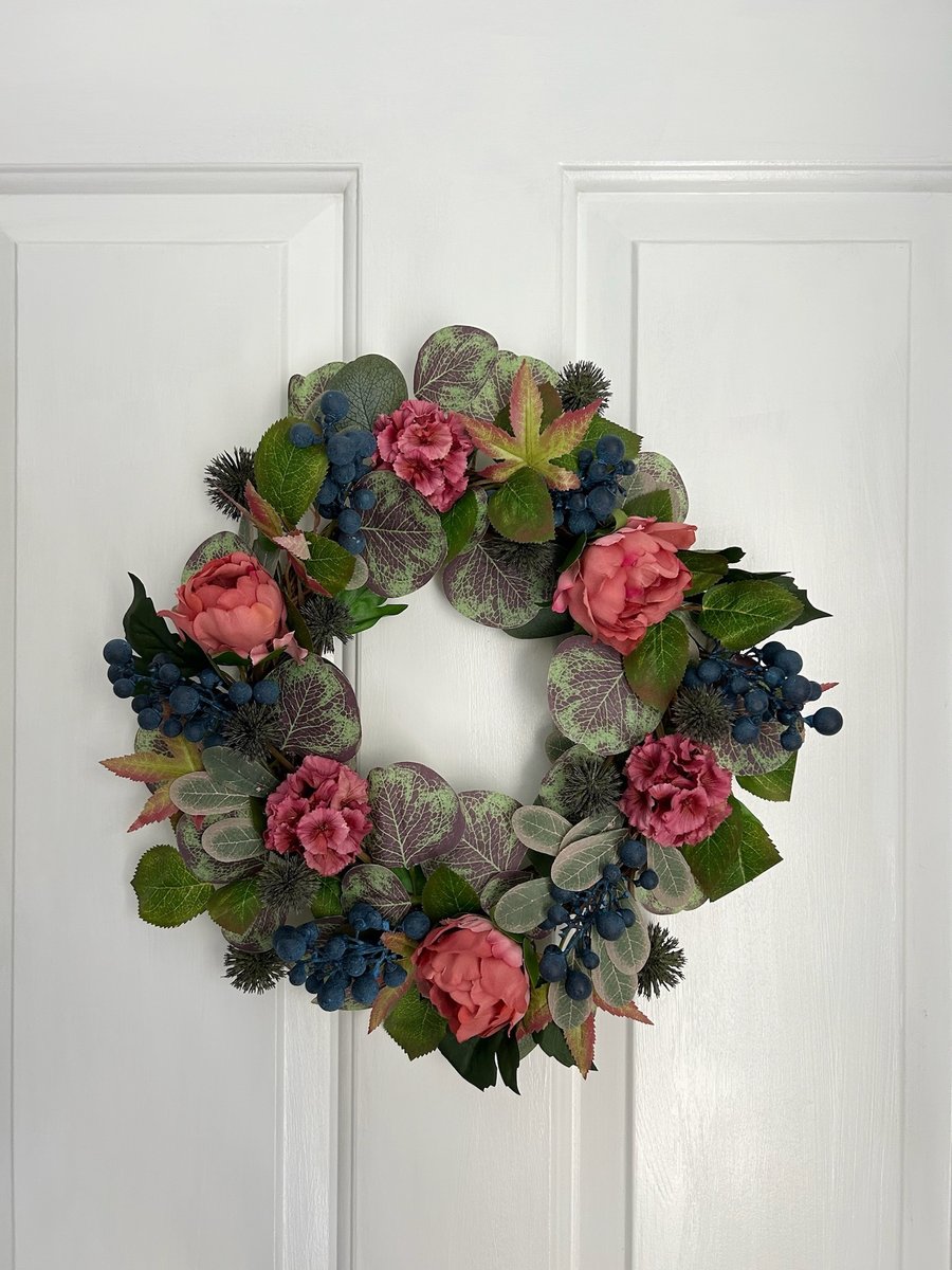 Pink Floral Wreath for Front Door with Berries and Peonies