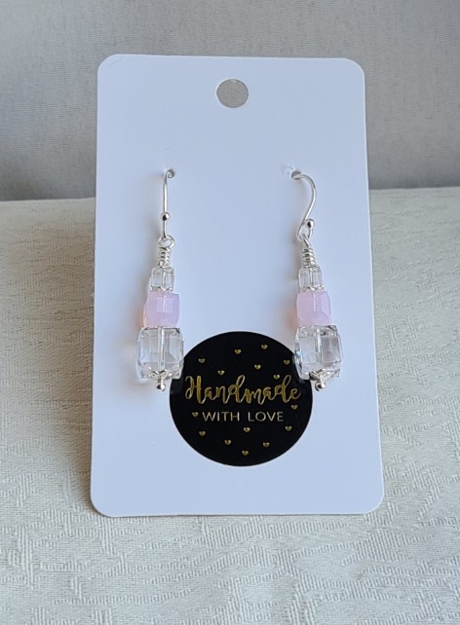 Gorgeous Crystal Cubes Earrings - Clear and Pink - Sterling Silver.