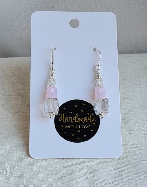 Gorgeous Crystal Cubes Earrings - Clear and Pink - Sterling Silver.